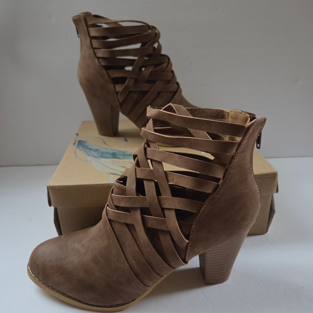 Mi.iM URBAN‑05 Brown Woven Strap Ankle Booties Stacked Heel Size 9 NIB - Picture 14 of 16